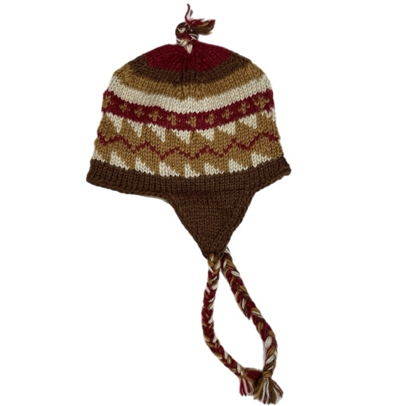 100% Wool Winter Beanie Hat Nepal Hand Knit Unisex Hat Ear Flap Fleece Lined - Picture 1 of 4
